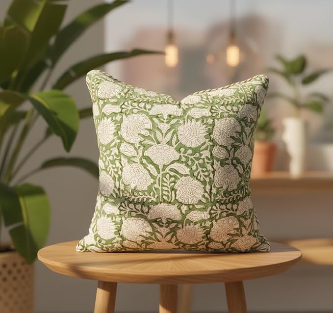 ATOSII Block Print Throw Pillow Covers, 18" X 18"- Set of 2, Decorative Couch Pillows for Living Room Bed Sofa, 100% Cotton Canvas Pillow Case for Home Decor & Outdoors, Preppy Throws - Jade