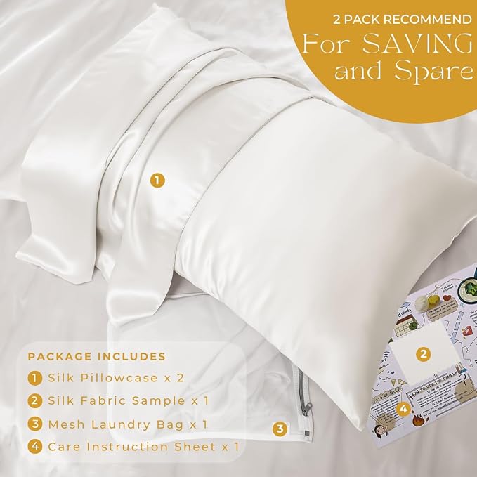 PROMEED 23 Momme Silk Pillowcase 2 Pack Toddler/Travel Size with Free Laundry Bag, Highest Grade 6A+ 100% Mulberry Silk Pillow Case Set of 2, Zipper (Toddler/Travel 13"x18", White)