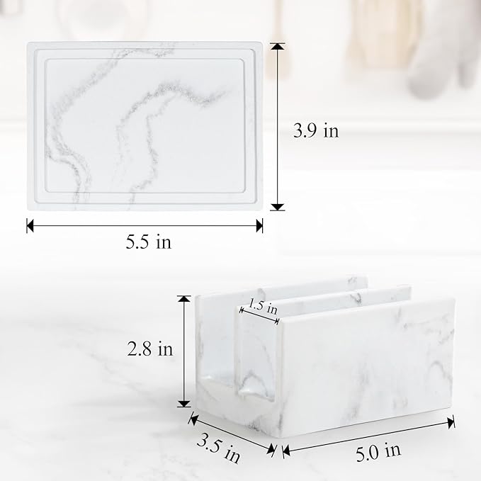 Luxspire Kitchen Sponge Holder, Dish Sponge Holder with with Drain Tray, Marble Sponge Holder for Kitchen Sink, Kitchen Sink Caddy 2 Compartments, Gravel White