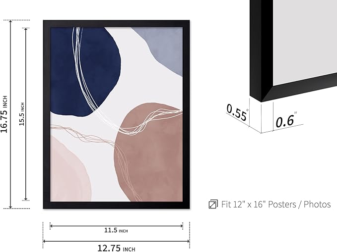 Monem Art Abstract Organic Shapes Print - Scandinavian Blue Geometric Poster - Wall Decor for Living Room, Bedroom or Office - 12x16 Black Framed Wall Art by Mareike Bohmer