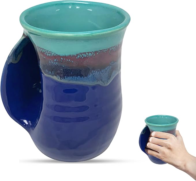 Clay in Motion Hand Warmer Coffee Mug – Handmade Coffee Mug With Comfortable Handle Contoured Pocket Hand Warming Ceramic Coffee Mug – Proudly Made in USA – Left Handed – 14 Oz - Mystic Waters