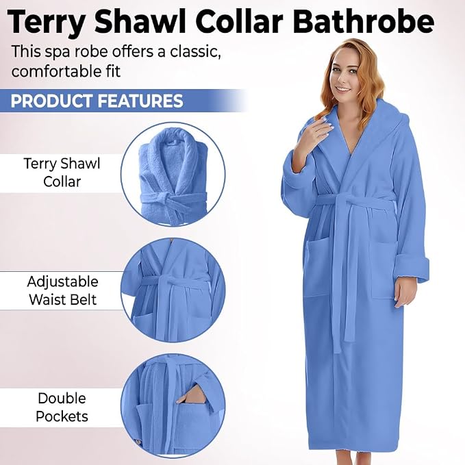 KAHAF COLLECTION Cotton Terry Robes for Women and Men, Terry Shawl Collar Bathrobe, ONE SIZE - UNISEX Men & Women Spa Robe