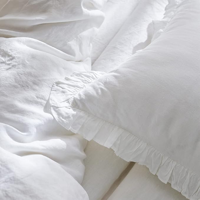 100% French Linen Euro Shams with Ruffles - Set of 2 - Washed Solid Color Natural Flax Soft Breathable Pillow Covers - White, 26'' x 26''