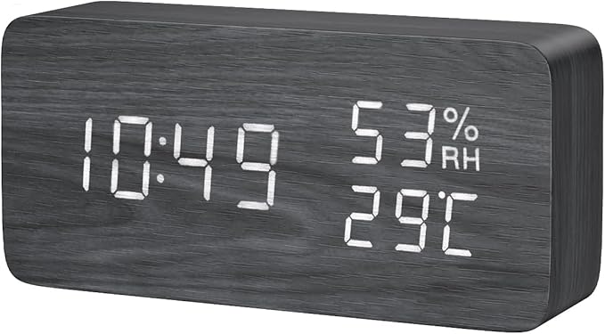 KeeKit Digital Wooden Alarm Clock, Electronic LED Desktop Clock with Temperature Humidity Time Display, 3 Alarm Settings, Voice Control, 3 Levels Adjustable Brightness for Home, Bedroom, Office