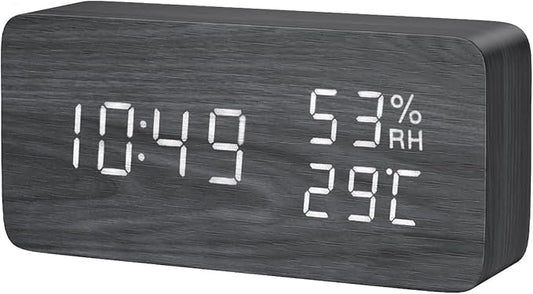 KeeKit Digital Wooden Alarm Clock, Electronic LED Desktop Clock with Temperature Humidity Time Display, 3 Alarm Settings, Voice Control, 3 Levels Adjustable Brightness for Home, Bedroom, Office