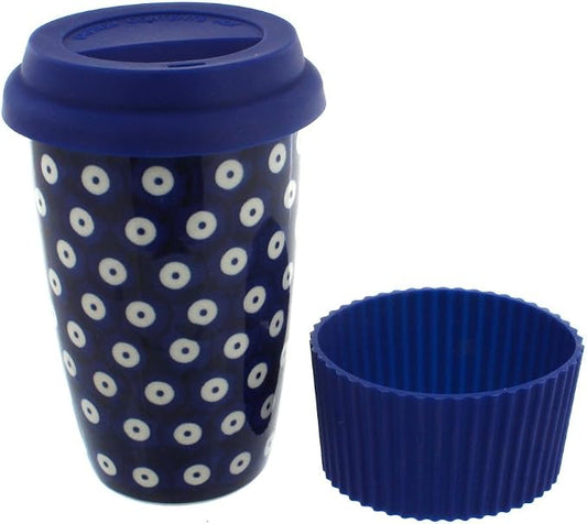 Blue Rose Polish Pottery - Blue Dots Travel Coffee Mug - 12 oz - Mug for On-The-Go, Fits Most Car Cup Holders