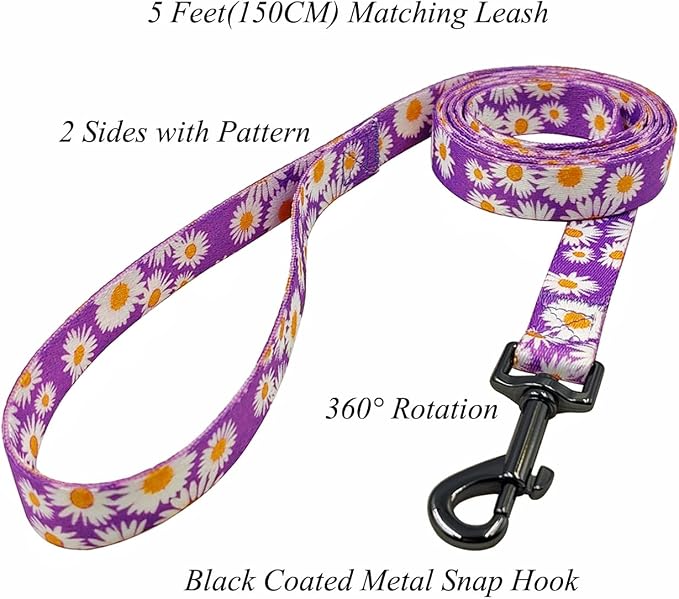 Dog Collar and Leash Set, Cute Daisy Pattern, Polyester Material, 5ft Leash, for Puppy Dogs.(Extra Small,Purple Daisy)
