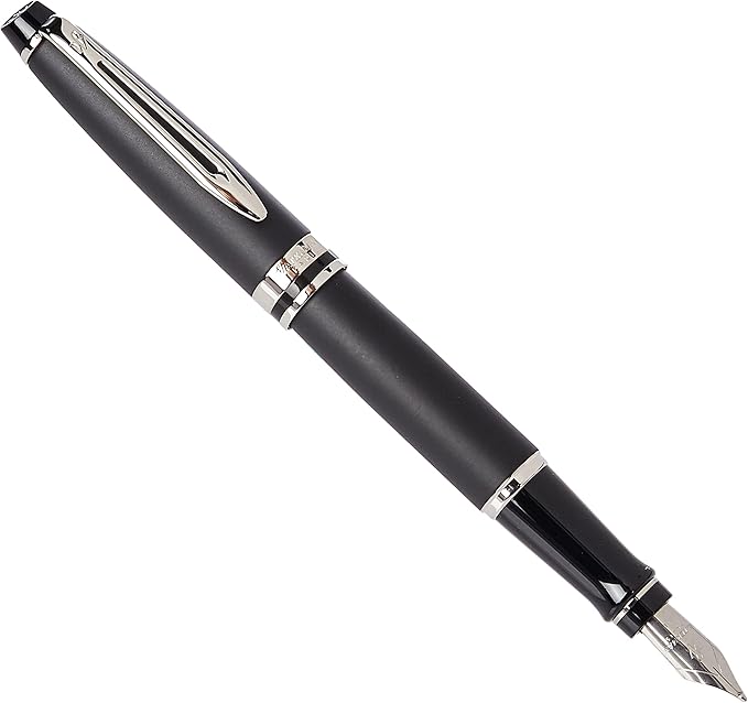 Waterman Expert Fountain Pen, Matte Black with Chrome Trim, Medium Nib with Blue Ink Cartridge, Gift Box