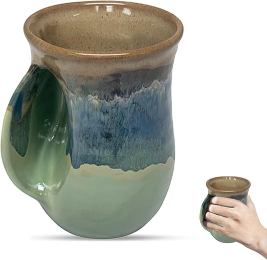 Clay in Motion Hand Warmer Coffee Mug – Handmade Coffee Mug With Comfortable Handle Contoured Pocket Hand Warming Ceramic Coffee Mug – Proudly Made in USA – Left Handed – 14 Oz - Mountain Meadows
