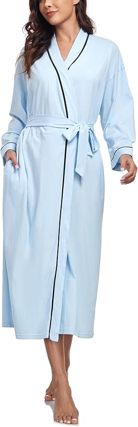 COLORFULLEAF 100% Cotton Women's Robes Summer Lightweight Kimono Soft Long Cotton Bathrobe for Women with Pockets