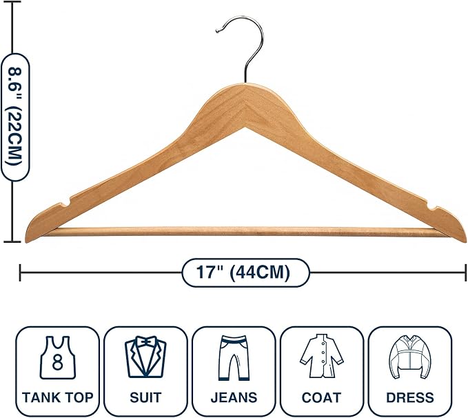 Wooden Hanger 10 Pack,Wood Hanger Solid Shirt Hangers with Pants Bar,Heavy Duty & Slim Coat Hanger,for Suit Coat Jacket Pants（Natural）