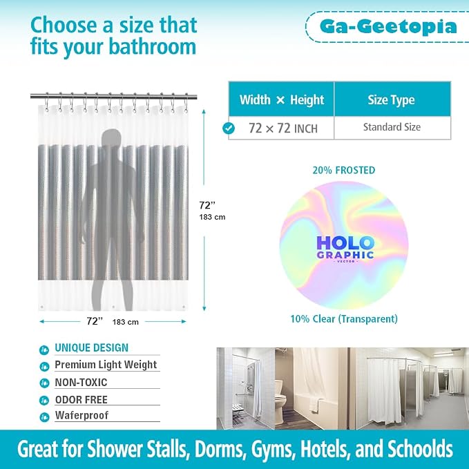 Ga-Geetopia Holographic 3D EVA Shower Curtain Liner Ice Cube, 72x72 Medium Weight Clear Plastic Bathroom Shower Curtain with Rustproof Metal Grommets for Shower Stall, Bathtubs