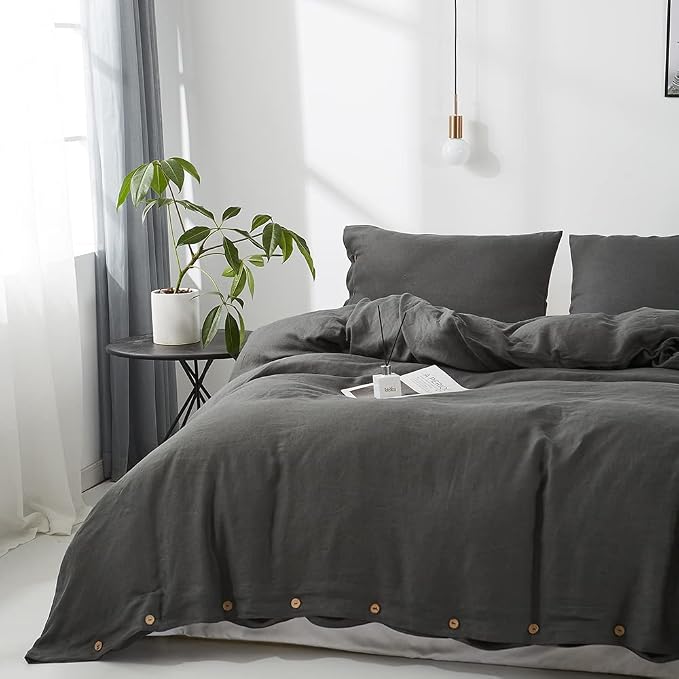 Simple&Opulence 100% Linen Duvet Cover Set 2pcs with Coconut Button Closure Natural French Washed Flax Solid Color Soft Breathable Farmhouse Bedding - Dark Grey, Twin Size