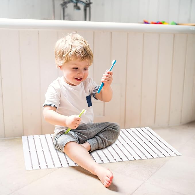 Bath Mat Bathroom Rugs Floor Wood Shower Bathtub Waterproof Non Slip Accessories 16x24 Inch Easy to Clean, White, 1 pc