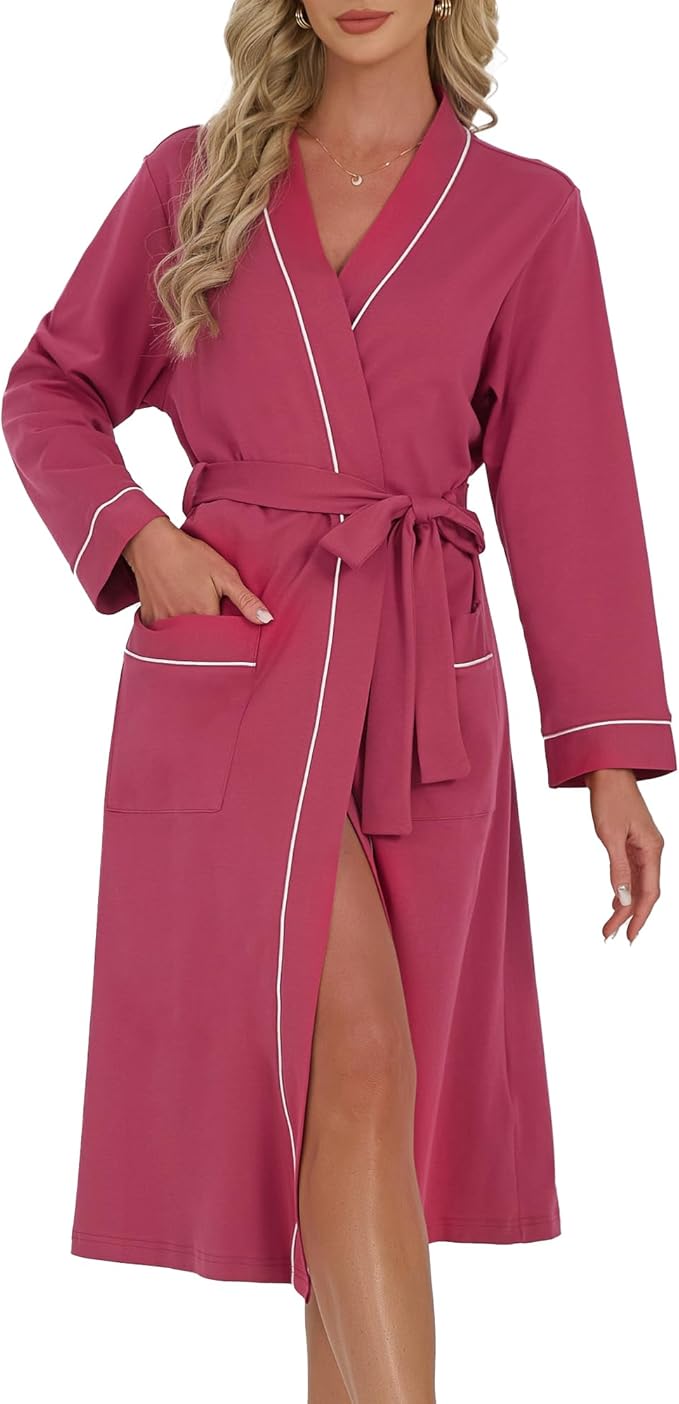 U2SKIIN Womens Organic Cotton Robe, Lightweight Long Kimono Bathrobe for Women, Soft Spa Lounge Sleepwear with Pockets