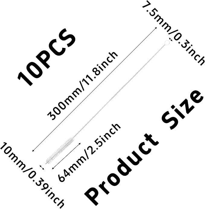 10PCS 12 Inch Straw Cleaner Brush Set, 10mm Diameter Flexible Nylon Cleaning Brushes, Rust-Proof Stainless Steel Reusable Straw Washers for Tumbler Water Bottle Sippy Cup Pipes Tubes