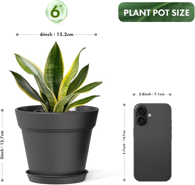 WSMKSZ 6 Inch Thick Plastic Plant Pots with Drainage Holes and Trays – 6 Pack Nursery Pots for Indoor & Outdoor House Plants, Seedling Starter Planters for Garden Flowers, Matte Black