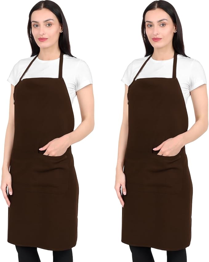 Kitchen Apron Waterdrop Resistant Cotton Apron with adjustable 2 PACK Aprons for Women with Pockets 8 Color option Cooking Brown Apron (Brown)
