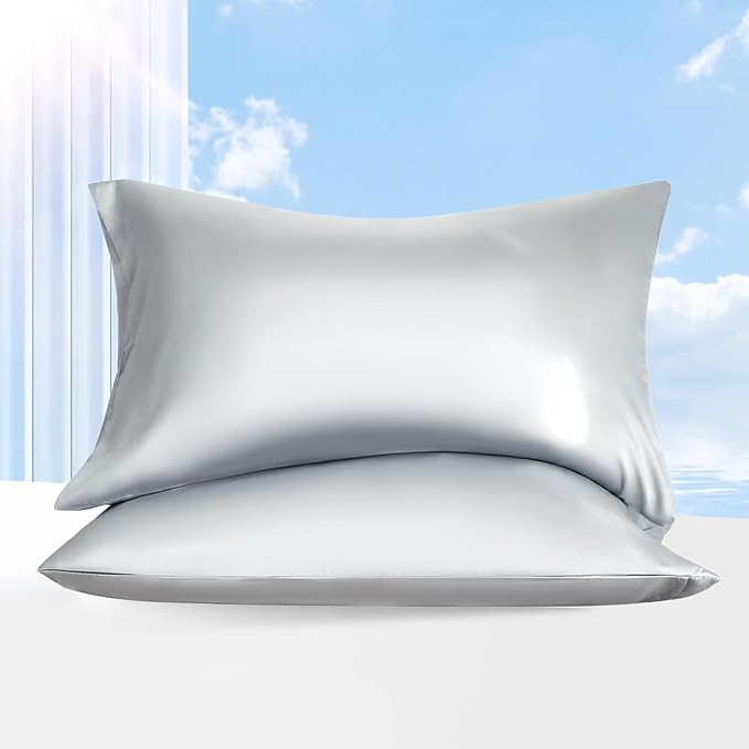 100% Tencel Pillowcase, Hair and Skin Friendly, Soft and Smooth，Cooling Silk Pillowcases for hot Sleepers,Queen Pillowcases Set of 2,Hair and Skin Friendly,Grey, 20x30In