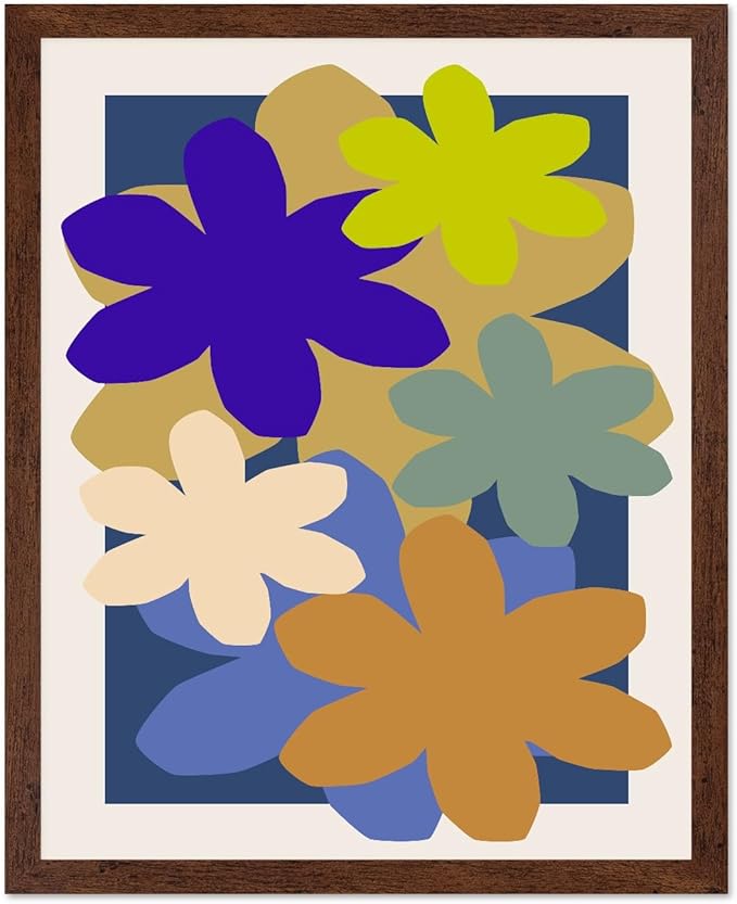Monem Art Colorful Abstract Floral Shapes Print - Modern Minimalist Flower Art Poster - Wall Decor for Living Room, Bedroom or Office - 16x20 Brown Framed Wall Art by Rs Lab Studio