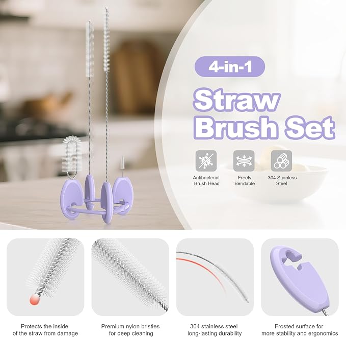 YOTIME 4in1 Straw Cleaner Brush Set, Reusable Standing Straw Brushs with Holder Ring, for Wide and Narrow Straws, Tumblers, Water Bottles and Cups, Purple