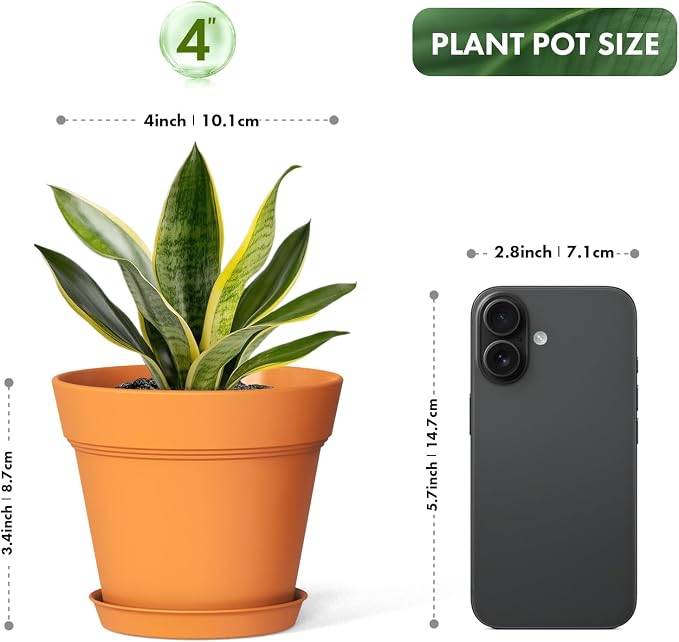 WSMKSZ 4 Inch Plastic Plant Pots with Drainage Holes and Trays – 8 Pack Small Nursery Pots for Indoor & Outdoor House Plants and Flowers, Seedling Starter Planters, Terracotta