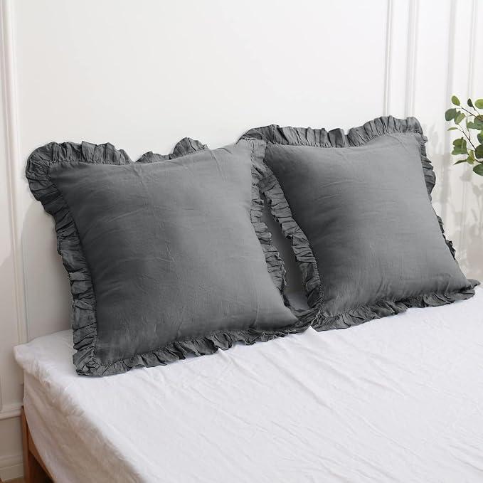 Simple&Opulence 100% Linen Euro Sham Covers with Ruffle, 26x26 Inch Pillow Covers Set of 2, Euro Pillow Shams for Bed Couch French Home Decor Luxury and Breathable Square Pillow Cases, Dark Grey