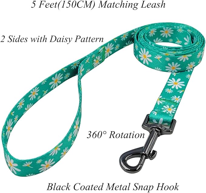 Dog Collar Leash Set, Floral Pattern, Polyester Material, Adjustable Collar and 5ft Matching Leash, for Small Dogs.(S, Green Daisy)