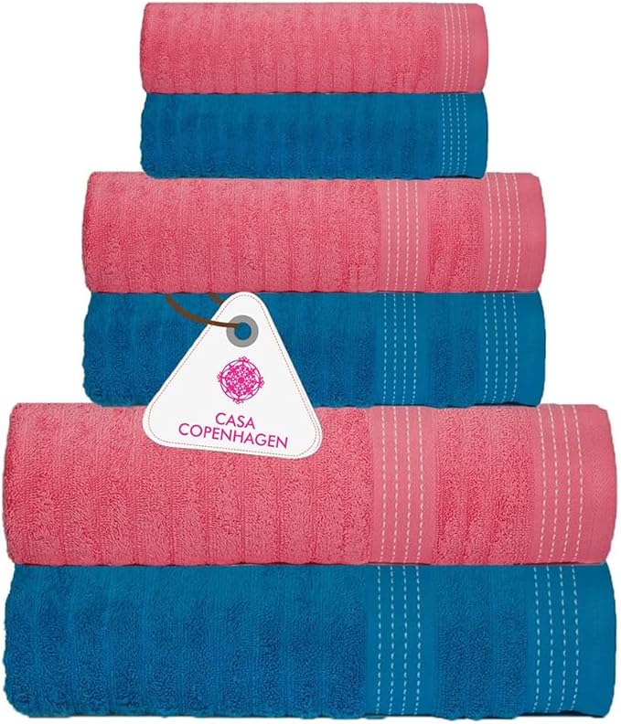 CASA COPENHAGEN Elegance 6Pcs 100% Egyptian Cotton Large Designer Towels Gift Set- Cyan-Pink, 550GSM, 2Bath 2Hand 2Washcloths, Bath Towels for Bathroom Set for Women & Men
