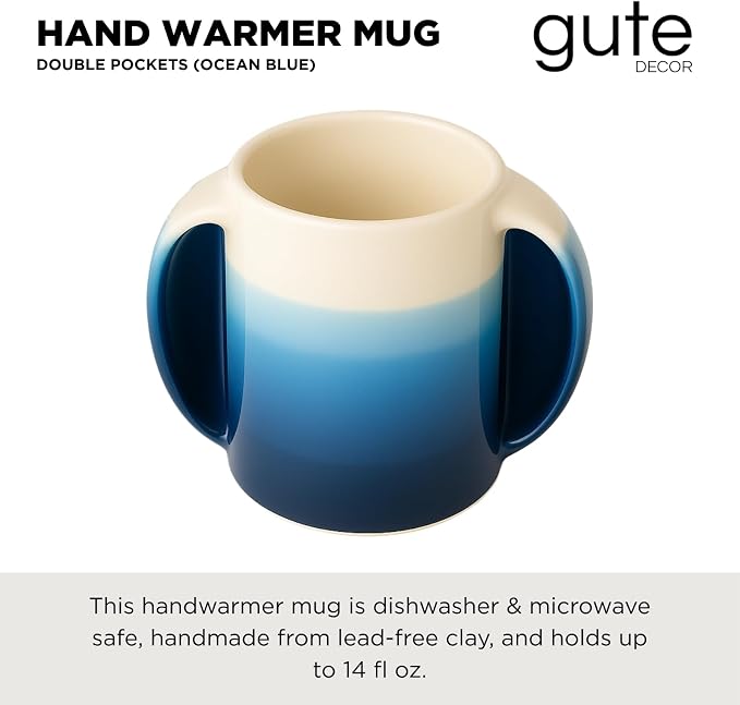 GUTE Handmade Pottery Double Hand Warmer Mug - 14 oz Ceramic Coffee Mug with Contoured Pockets for Both Hands Clay, Dishwasher & Microwave Safe, Comfy Blue - Winter Stocking Stuffer Gift