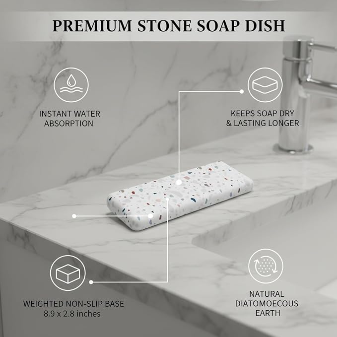 Diatomaceous Earth Soap Dish, Rectangular Stone Bar Soap Holder for Bathroom Sink, Shower Ledge & Kitchen Counter, Absorbent Tray (1 Pack)