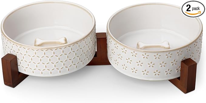 MALACASA Dog Bowl Set with Walnut Wood Stand, 3.5 Cups Ceramic Pet Bowls for Puppy Dogs, Dual Food and Water Bowls with Non-Slip Base, Basic Bowls for Your Dog or Cat, Five-Leaf Grass & Honeycomb