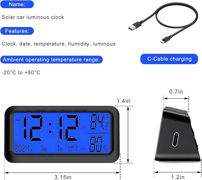 Car Digital Dashboard Clock, Solar Power Rechargeable Vehicle Electronic Clock with Night Backlight, Desk Watch with Day/Date/Temperature Display for Home Bedroom Office