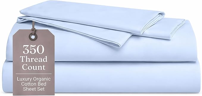 ORGANIC TEXTILES Premium Quality Bed Sheets - Organic Cotton 350 Thread Count - GOTS Certified - King, (4 Pc. Set) - Sky Blue