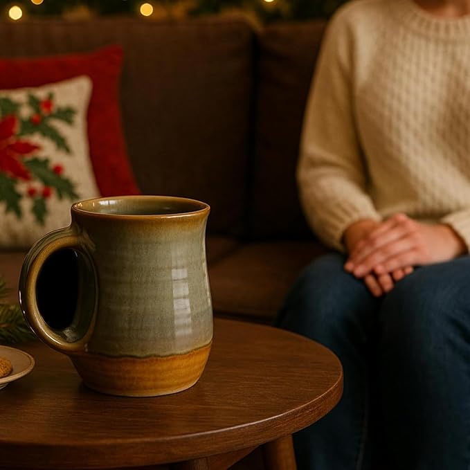 Hand Warmer Mug, Handmade Pottery Ceramic and Hand Painted - The Contoured Pocket will Hold Warmth From The Heat Of Your Drink To Keep Your Fingers Warm, Comfy Handwarmer (Desert Green) (Left hand)