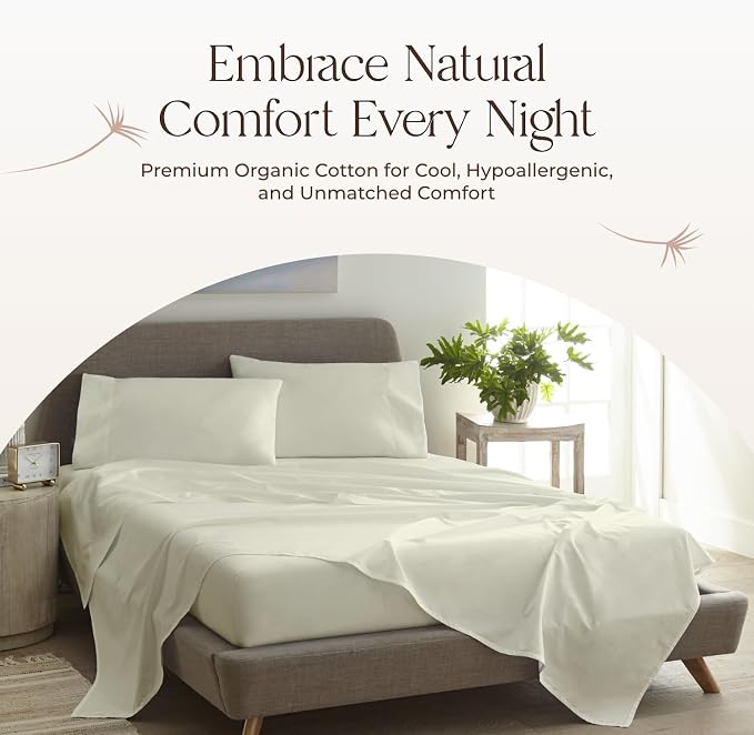 100% Organic Cotton Sheets King Size - GOTS Certified Cotton Percale Sheets with Crisp Cool & Breathable Percale Weave Perfect for Hot Sleepers - Durable Luxury 4 Piece Set (Cream, King)