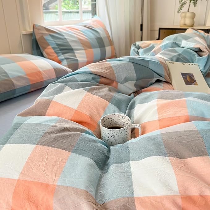 FACE TWO FACE Bedding Duvet Cover Set100% Washed Cotton Duvet Cover Linen Like Textured Breathable Durable Soft Comfy (Full, Yunxi Powder)