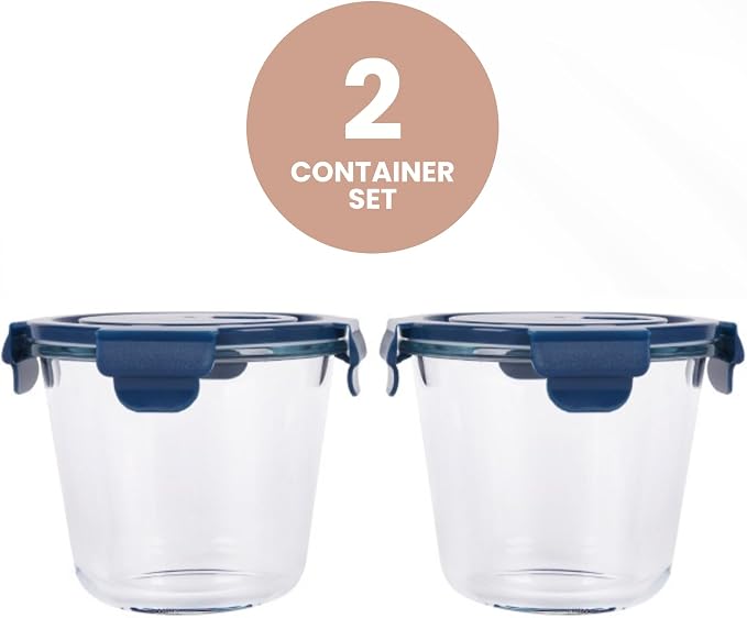Coco Andrea Reusable Round Glass Meal Prep Containers With Lids (2 sets) - 25oz/ 3 Cup Glass Storage Containers With Lids - Airtight Microwave Safe Lunch & Soup Containers Glass - Ideal for Meal Prep