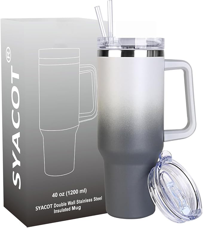 SYACOT 40 oz Tumbler with Handle and Straw Stainless Steel Insulated Tumbler Leak Proof Lid and Straw Lid Reusable Travel Mug Coffee Mug Cup Dishwasher Safe Keep Drinks Cold and Hot (Grey&Black)