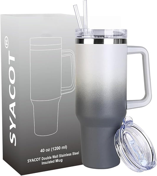 SYACOT 40 oz Tumbler with Handle and Straw Stainless Steel Insulated Tumbler Leak Proof Lid and Straw Lid Reusable Travel Mug Coffee Mug Cup Dishwasher Safe Keep Drinks Cold and Hot (Grey&Black)