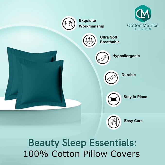 2 Pack Euro Pillow Shams 26x26 – 600 Thread Count 100% Organic Cotton Teal Square Pillow Covers with 2 Inch Flange, Soft & Smooth Premium Hotel-Quality Pillowcases Set of 2