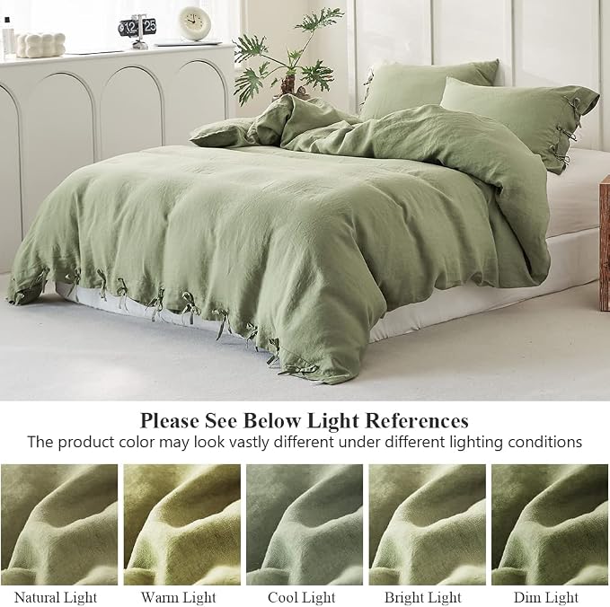 Simple&Opulence 100% Linen Duvet Cover Set 3pcs with Bowknot Ties Closure Natural French Washed Flax Solid Color Soft Breathable Farmhouse Bedding - Sage Green, Queen Size