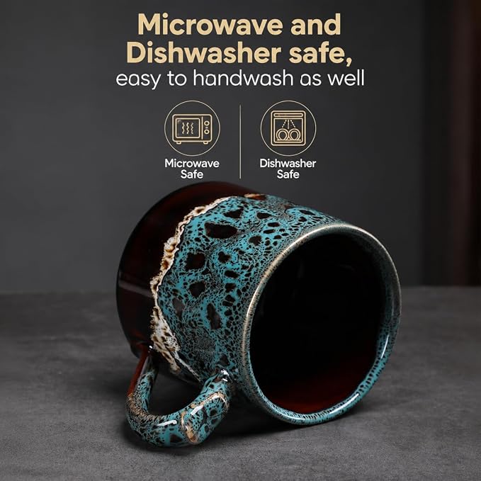 12oz Boho Style Leopard Pattern Reactive Glaze Ceramic Pottery Coffee Mug, Lead-Free Glaze Ceramic Tea Mug,Tea cup with handle, stoneware mugs, Microwave and Dishwasher Safe (blue) (Blue)