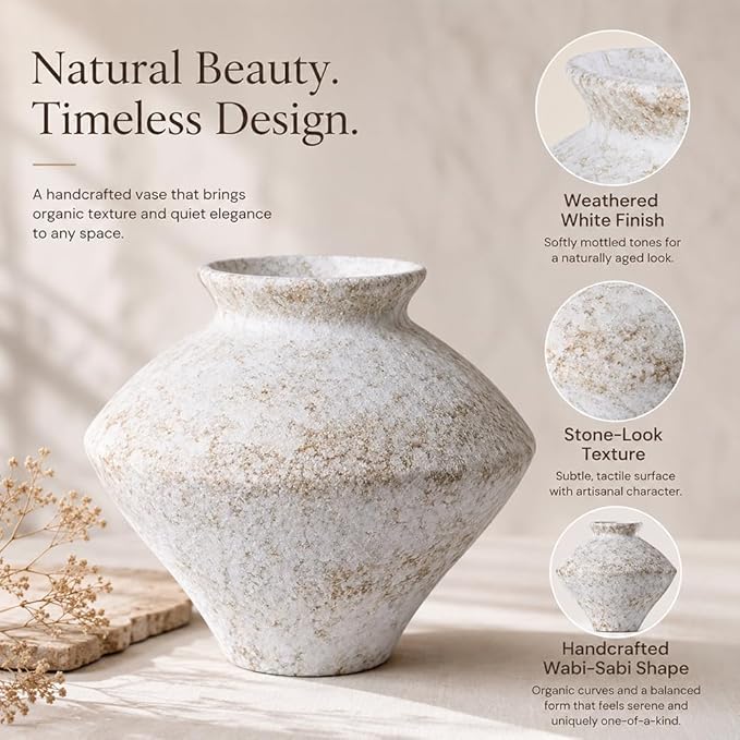 Small Wabi Sabi White Vintage Ceramic Vase, 6.3" Rustic Pottery Vase for Centerpieces, Textured Decorative Flower Vases for Table, Living Room, Bedroom, Bathroom, Kitchen, Farmhouse Home Decor Gifts
