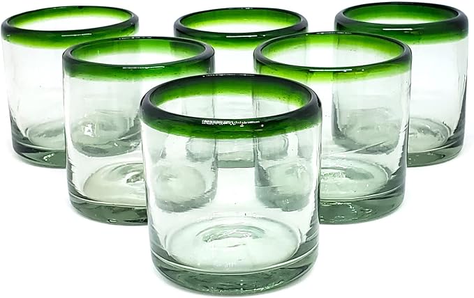 Emerald Green Rim 8 oz DOF Rock Glasses (set of 6), Recycled Glass, Lead-free, Toxin-Free (DOF Rocks)