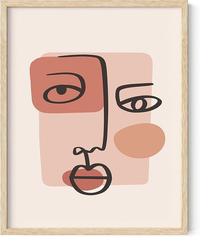 Abstract Face Wall Art Continuous Line Drawing Organic Shapes Earth Tones Terracotta Mid Century Modern 11x14 Inch Oak Wood Beige Framed Minimalist Portrait for Bedroom Decor