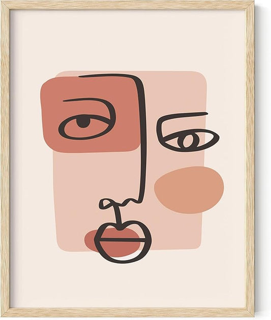 Abstract Face Wall Art Continuous Line Drawing Organic Shapes Earth Tones Terracotta Mid Century Modern 11x14 Inch Oak Wood Beige Framed Minimalist Portrait for Bedroom Decor