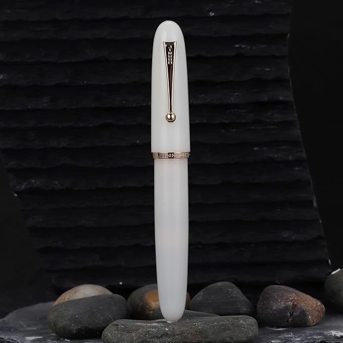 Jinhao 9019 DaDao Series Fountain Pen, Size 8 Medium Heartbeat Nib with Large Ink Converter, Ivory White Acrylic Design Smooth Writing Pen (Gold Trim)