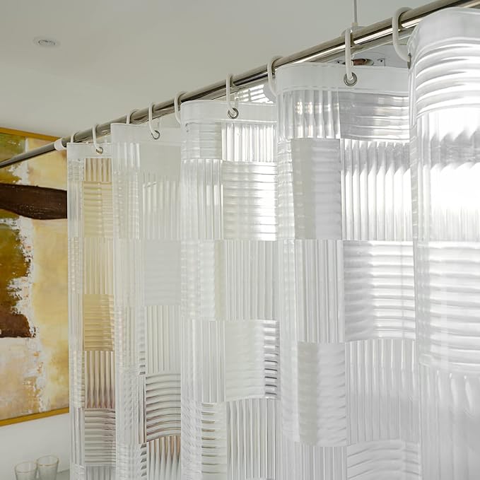 EurCross 75 inch Long Clear Shower Curtain Liner with Design, Waterproof Softer Plastic Curtain Liner for Bathroom 72x75 inches Length with 3 Bottom Weights