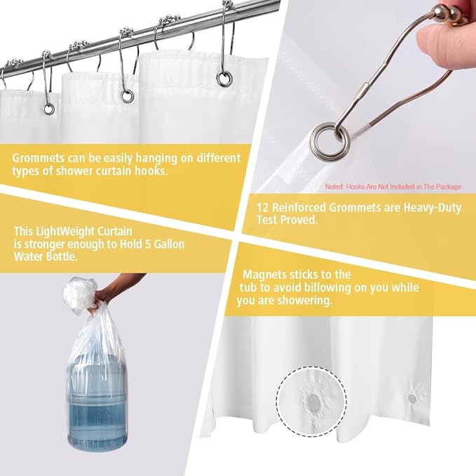 ZEMAHOME White Plastic Shower Curtain Liner, 72x72 Inch Thin Lightweight Plastic Bathroom Shower Showroom Inner Curtain with Rustproof Metal Grommet Holes and Weighted Magnets